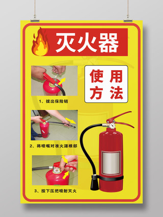 黄色几何简约图文并茂消防灭火器使用方法海报